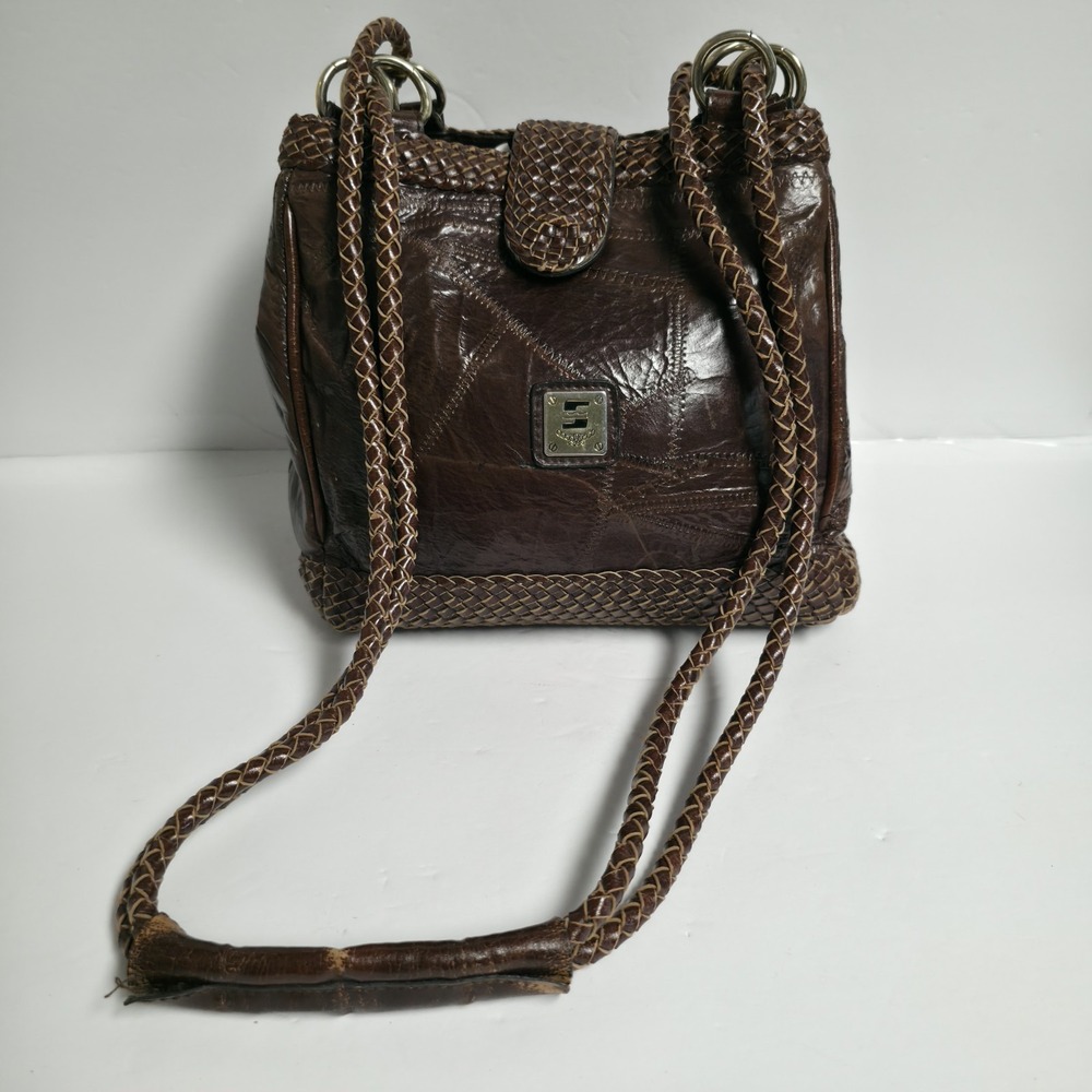 Vintage Marc Chantal Brown Leather Patchwork Shoulder Bag Braided Strap MC